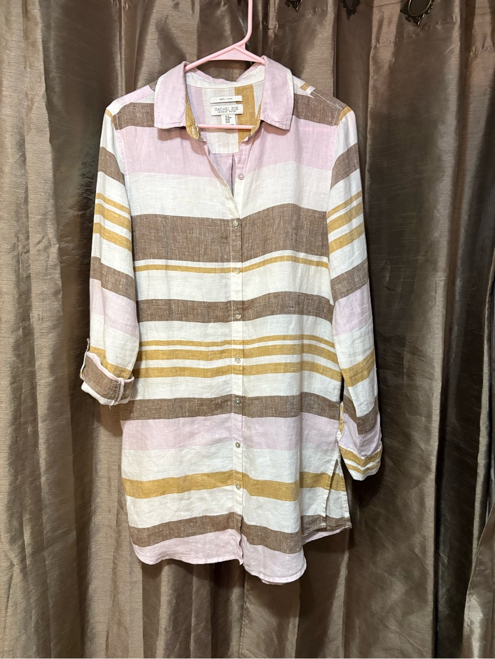 Rachel Zoe100% Linen Pink White Brown Striped Button-Front Tunic